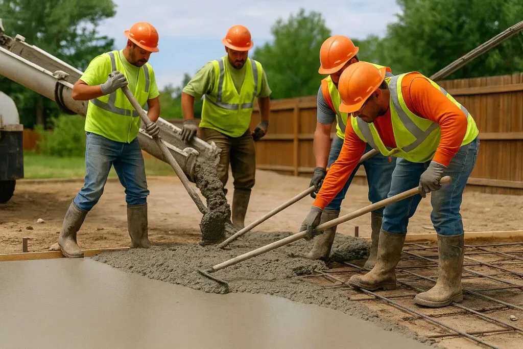 Four construction workers in safety gear pouring and leveling concrete for a residential driveway in Northern Colorado