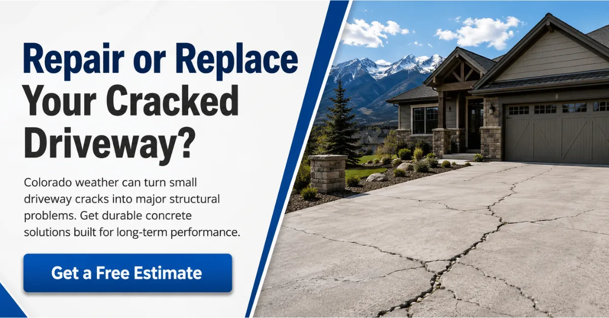Graphic reading “Repair or Replace Your Cracked Driveway?” with a damaged concrete driveway and a call-to-action button for a free estimate.
