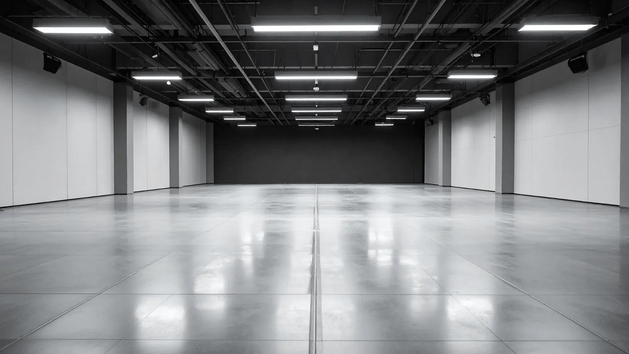 Large polished concrete floor in an open commercial space with overhead lighting and a clean industrial look.