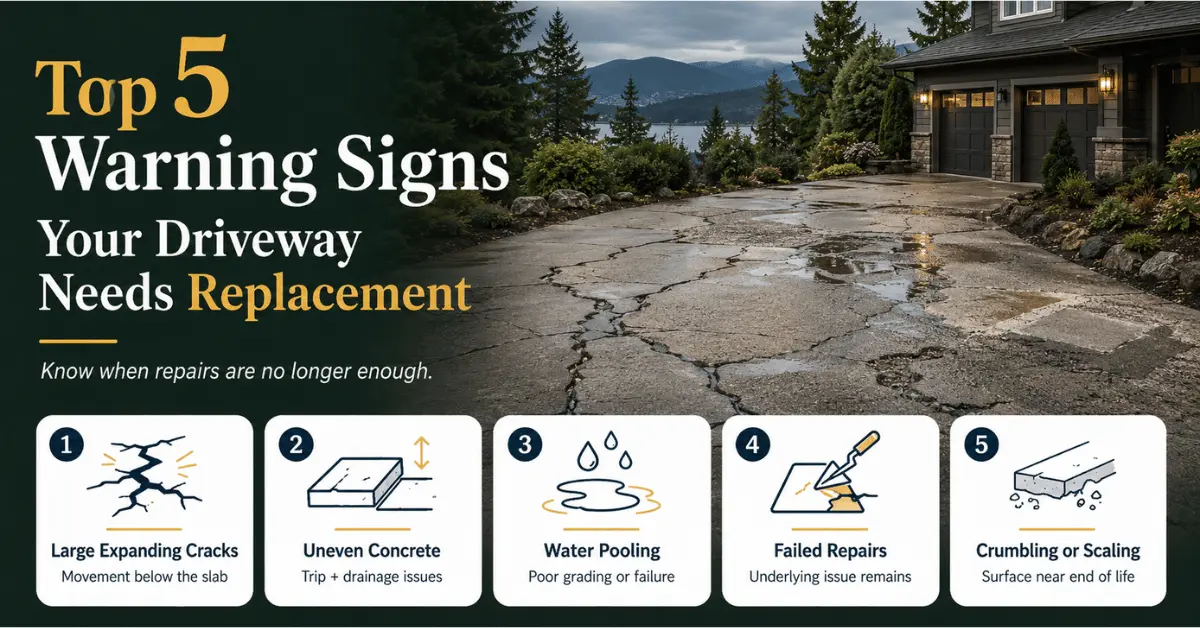 Infographic titled “Top 5 Warning Signs Your Driveway Needs Replacement,” showing large cracks, uneven concrete, water pooling, failed repairs, and crumbling concrete.