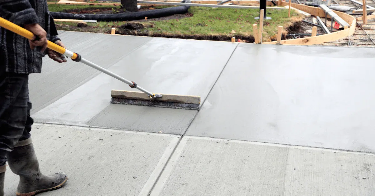 Worker broom-finishing freshly poured concrete on a residential driveway or sidewalk project.
