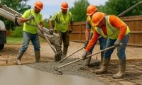 Four construction workers in safety gear pouring and leveling concrete for a residential driveway in Northern Colorado