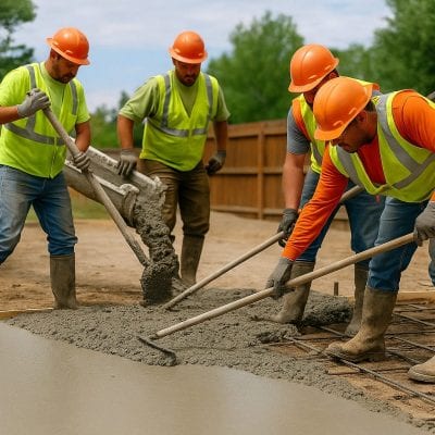 Four construction workers in safety gear pouring and leveling concrete for a residential driveway in Northern Colorado