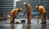 Construction workers pouring concrete in rain, dressed in waterproof safety gear on a wet urban construction site.