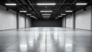 Large polished concrete floor in an open commercial space with overhead lighting and a clean industrial look.