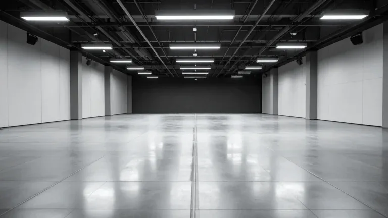 Large polished concrete floor in an open commercial space with overhead lighting and a clean industrial look.