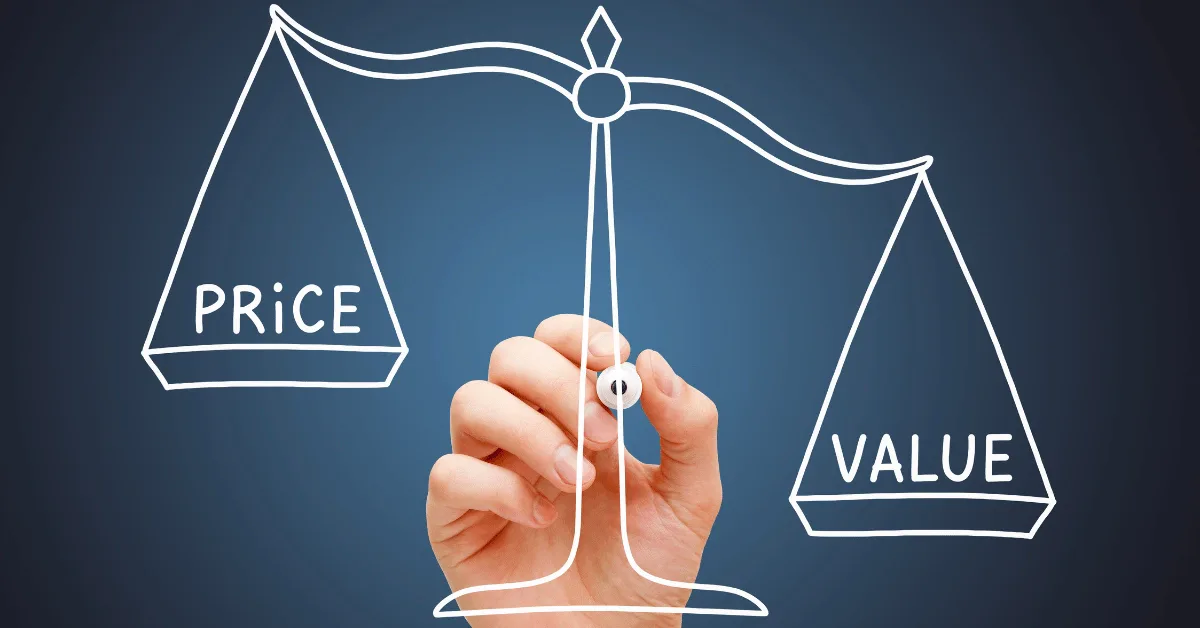 Illustration of a balance scale comparing price and value, representing the cost versus long-term value of concrete work.