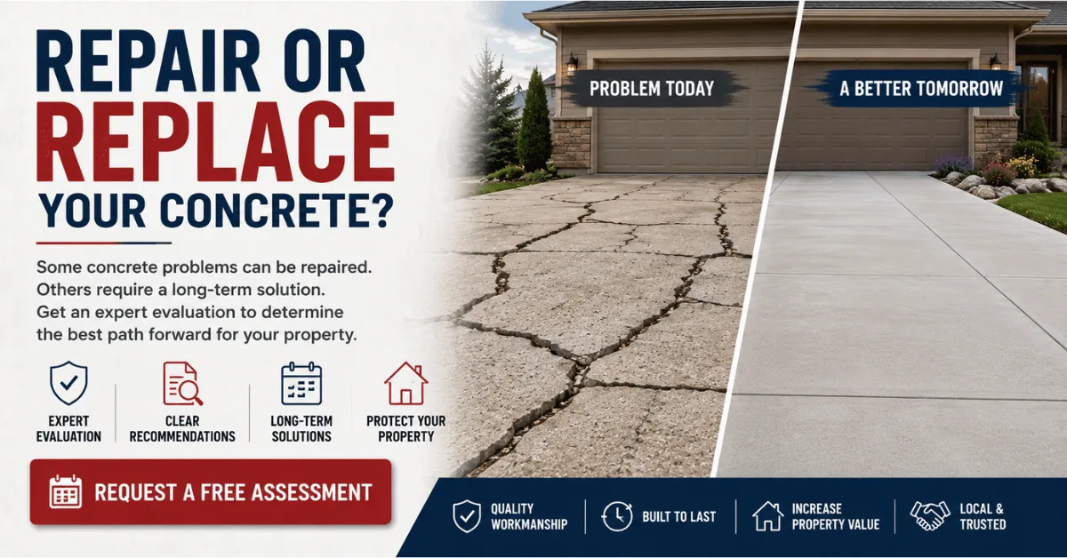 Graphic comparing cracked concrete with a smooth new driveway, promoting expert concrete repair and replacement assessments in Colorado.