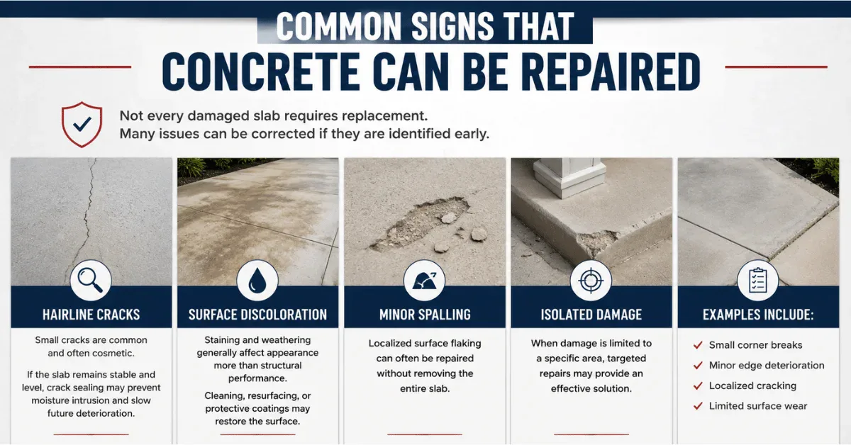 Infographic showing repairable concrete problems, including hairline cracks, discoloration, minor spalling, isolated damage, and limited surface wear.