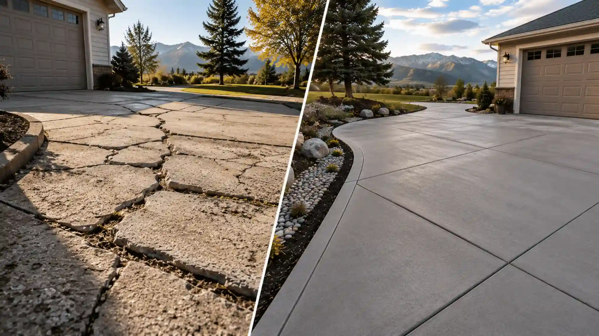 Side-by-side view of a cracked concrete driveway and a smooth replacement driveway at a Colorado home with mountain views.