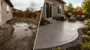Before-and-after backyard patio showing a muddy drainage problem transformed into a finished concrete outdoor living space in Fort Collins.