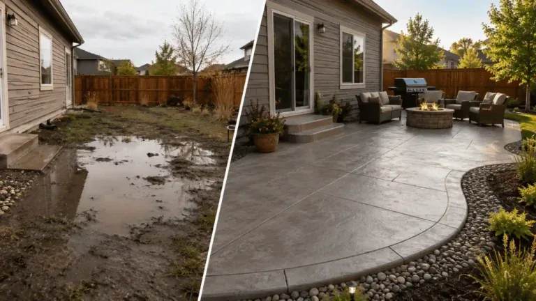 Before-and-after backyard patio showing a muddy drainage problem transformed into a finished concrete outdoor living space in Fort Collins.