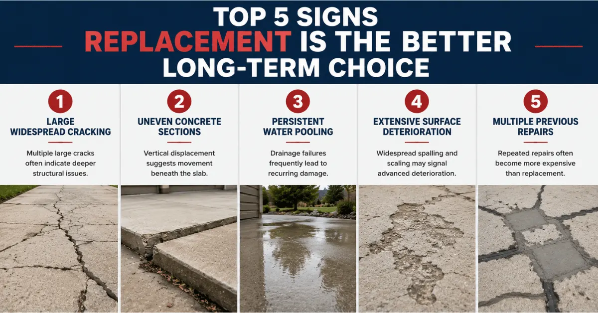 Infographic showing five signs Colorado concrete may need replacement, including large cracks, uneven slabs, pooling water, surface damage, and repeated repairs.