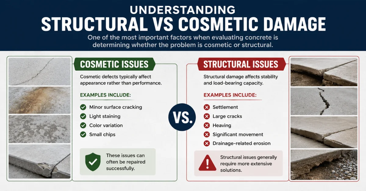 Infographic comparing cosmetic concrete issues with structural damage to help Colorado homeowners decide when repair or replacement may be needed.