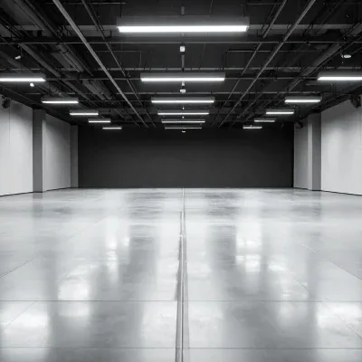 Large polished concrete floor in an open commercial space with overhead lighting and a clean industrial look.
