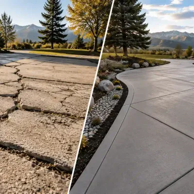 Side-by-side view of a cracked concrete driveway and a smooth replacement driveway at a Colorado home with mountain views.