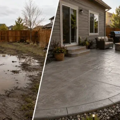 Before-and-after backyard patio showing a muddy drainage problem transformed into a finished concrete outdoor living space in Fort Collins.