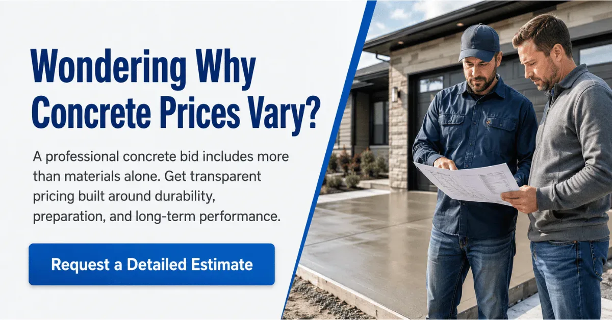 Graphic reading “Wondering Why Concrete Prices Vary?” with two contractors reviewing plans beside a concrete driveway.
