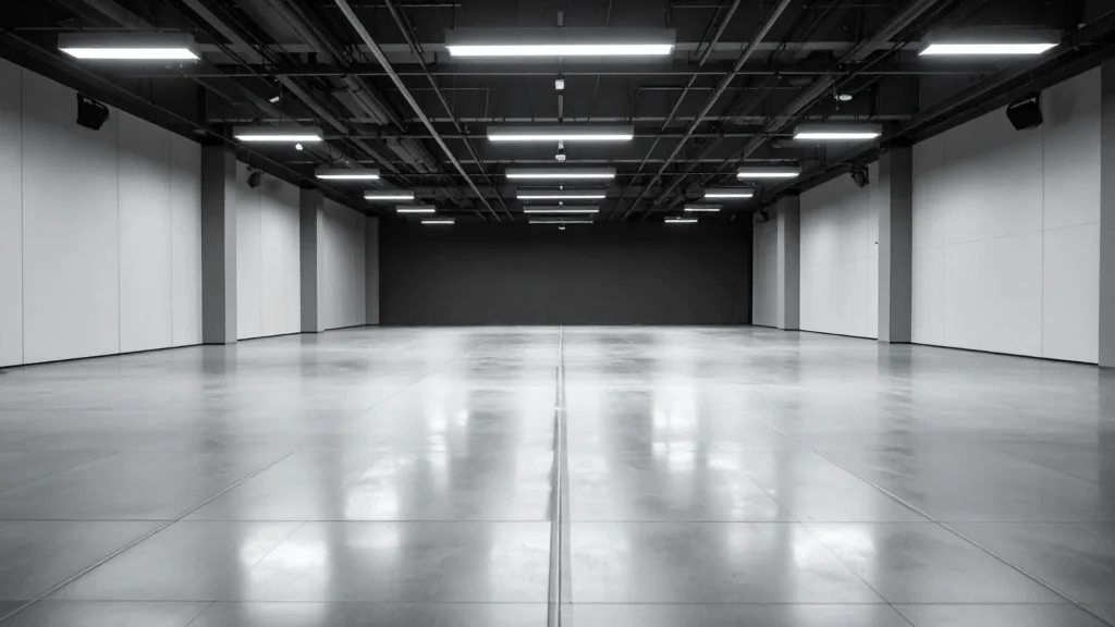 Large polished concrete floor in an open commercial space with overhead lighting and a clean industrial look.