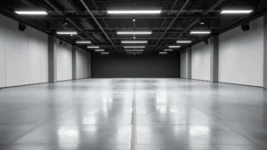 Large polished concrete floor in an open commercial space with overhead lighting and a clean industrial look.