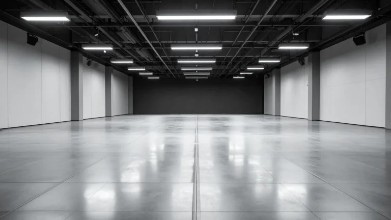 Large polished concrete floor in an open commercial space with overhead lighting and a clean industrial look.