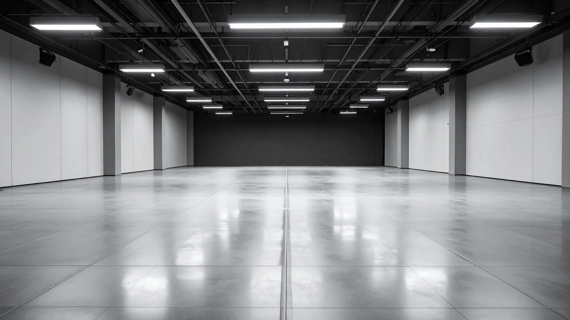 Large polished concrete floor in an open commercial space with overhead lighting and a clean industrial look.