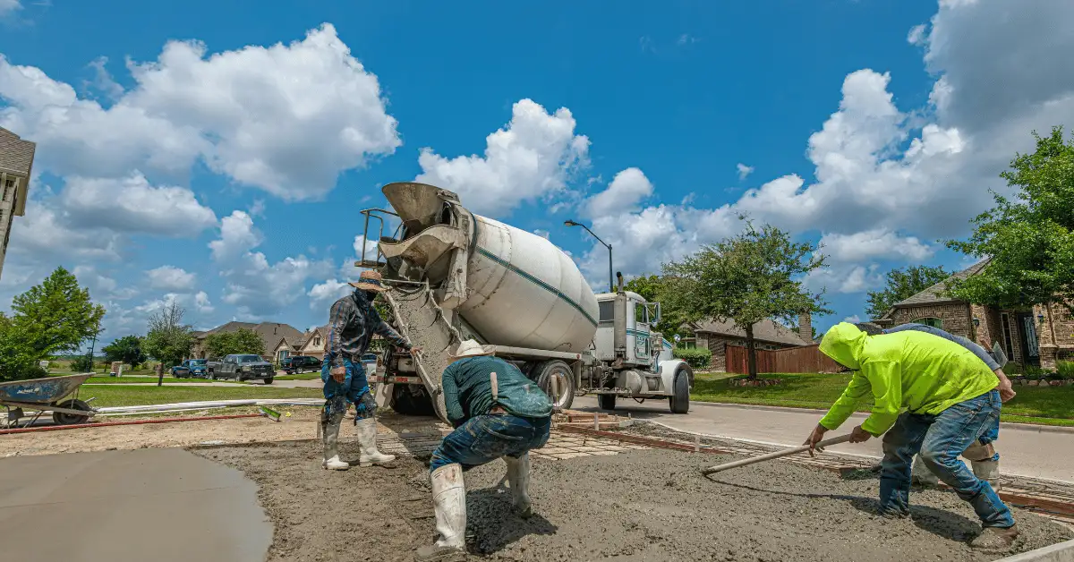 Concrete crew pouring and leveling a residential driveway with a cement truck on-site.