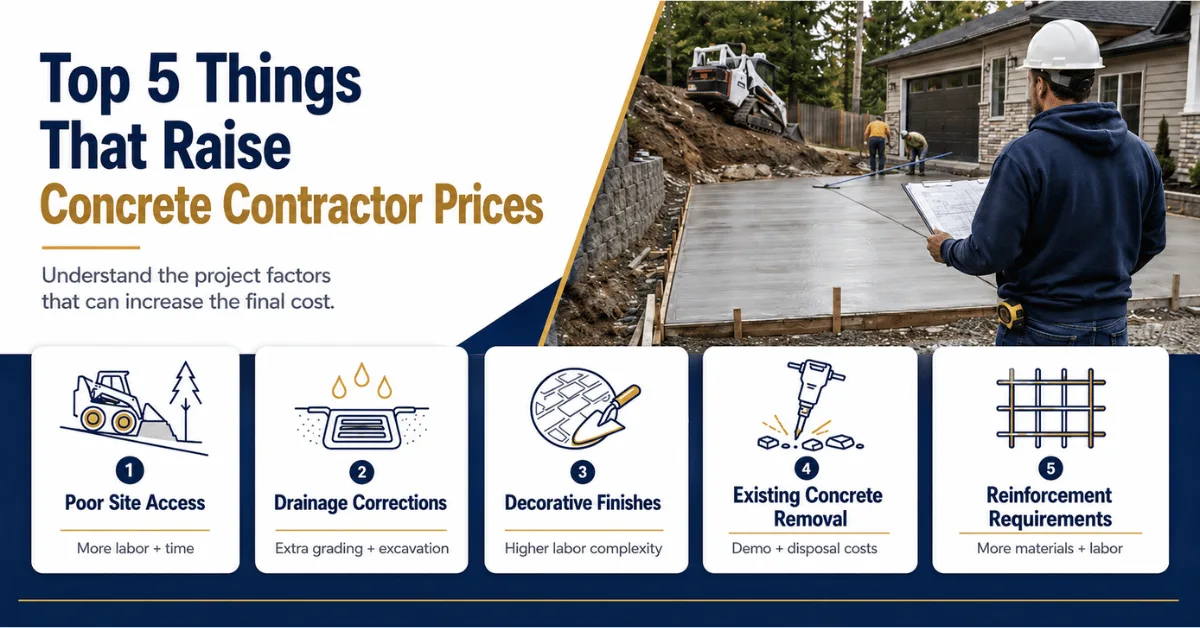 Infographic titled “Top 5 Things That Raise Concrete Contractor Prices,” showing site access, drainage, decorative finishes, concrete removal, and reinforcement.