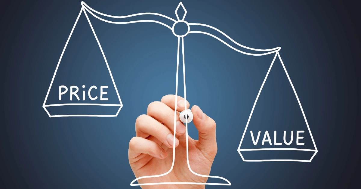 Illustration of a balance scale comparing price and value, representing the cost versus long-term value of concrete work.