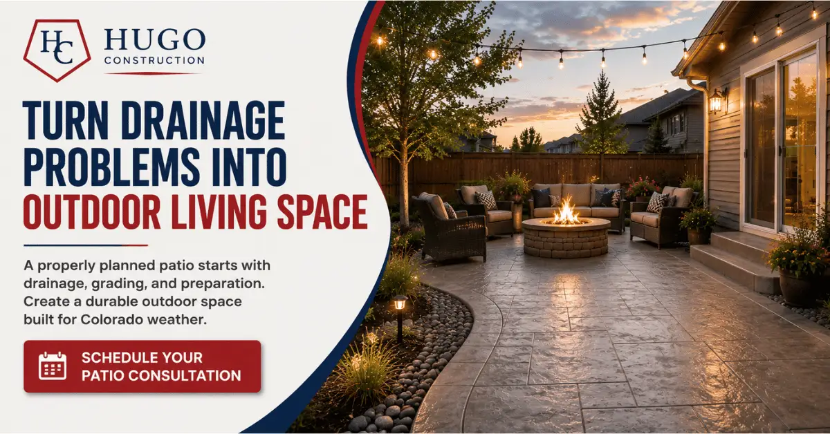 Promotional graphic showing a finished Fort Collins patio with a fire pit, seating, and drainage-focused concrete design.