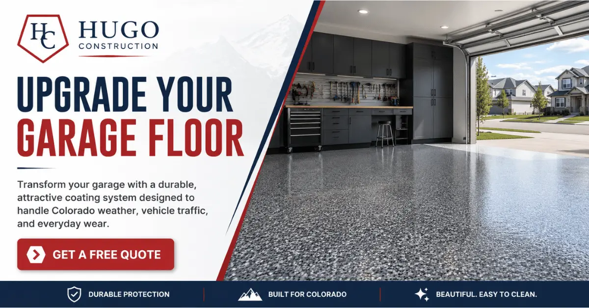 Promotional graphic showing a finished epoxy garage floor with gray flake coating and a call to upgrade for durable, easy-to-clean protection.