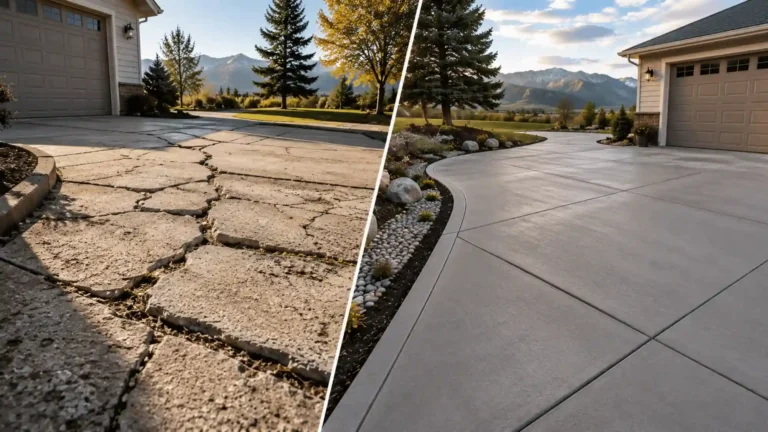 Side-by-side view of a cracked concrete driveway and a smooth replacement driveway at a Colorado home with mountain views.