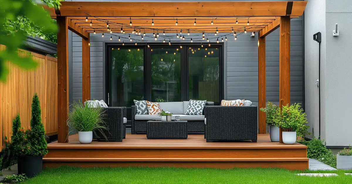 Backyard outdoor living area with a patio, pergola, string lights, seating, and landscaping for a Fort Collins home.