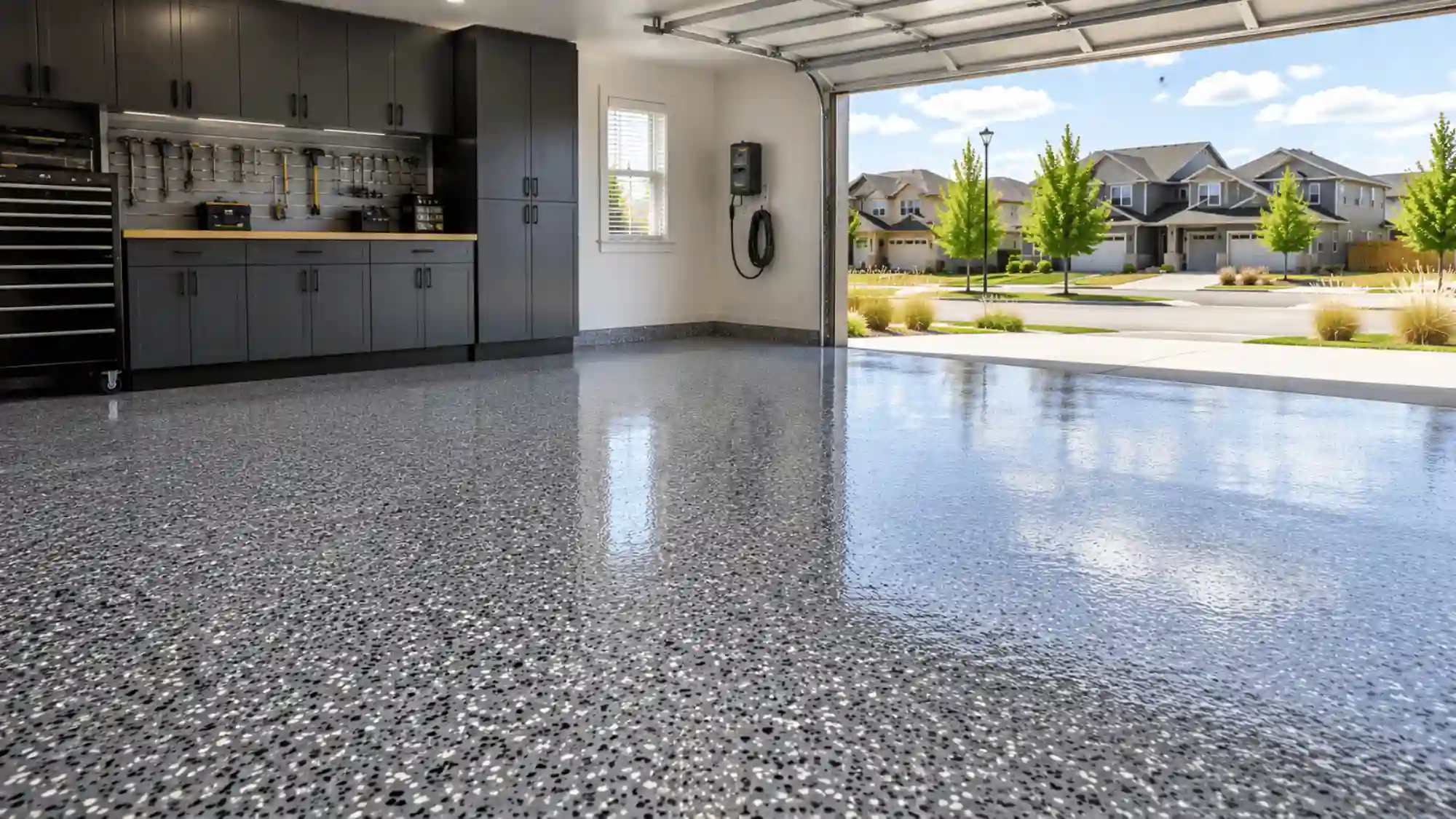 Finished epoxy garage floor with gray flake coating, glossy surface, storage cabinets, and open garage door in a Colorado neighborhood.