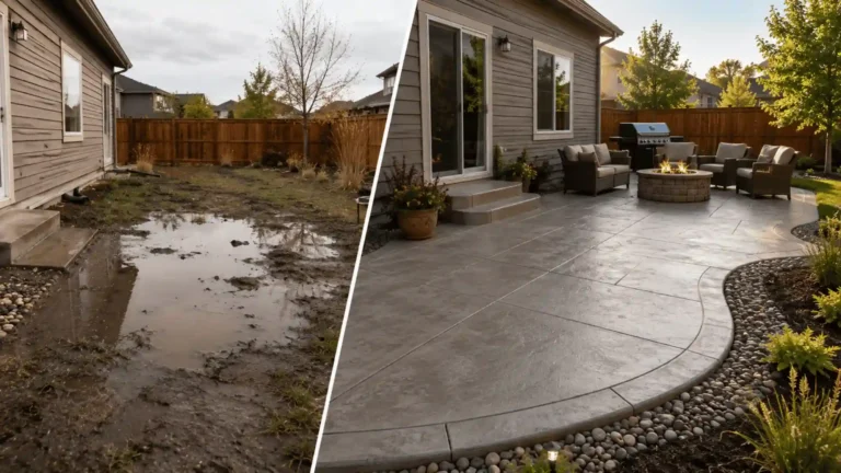 Before-and-after backyard patio showing a muddy drainage problem transformed into a finished concrete outdoor living space in Fort Collins.