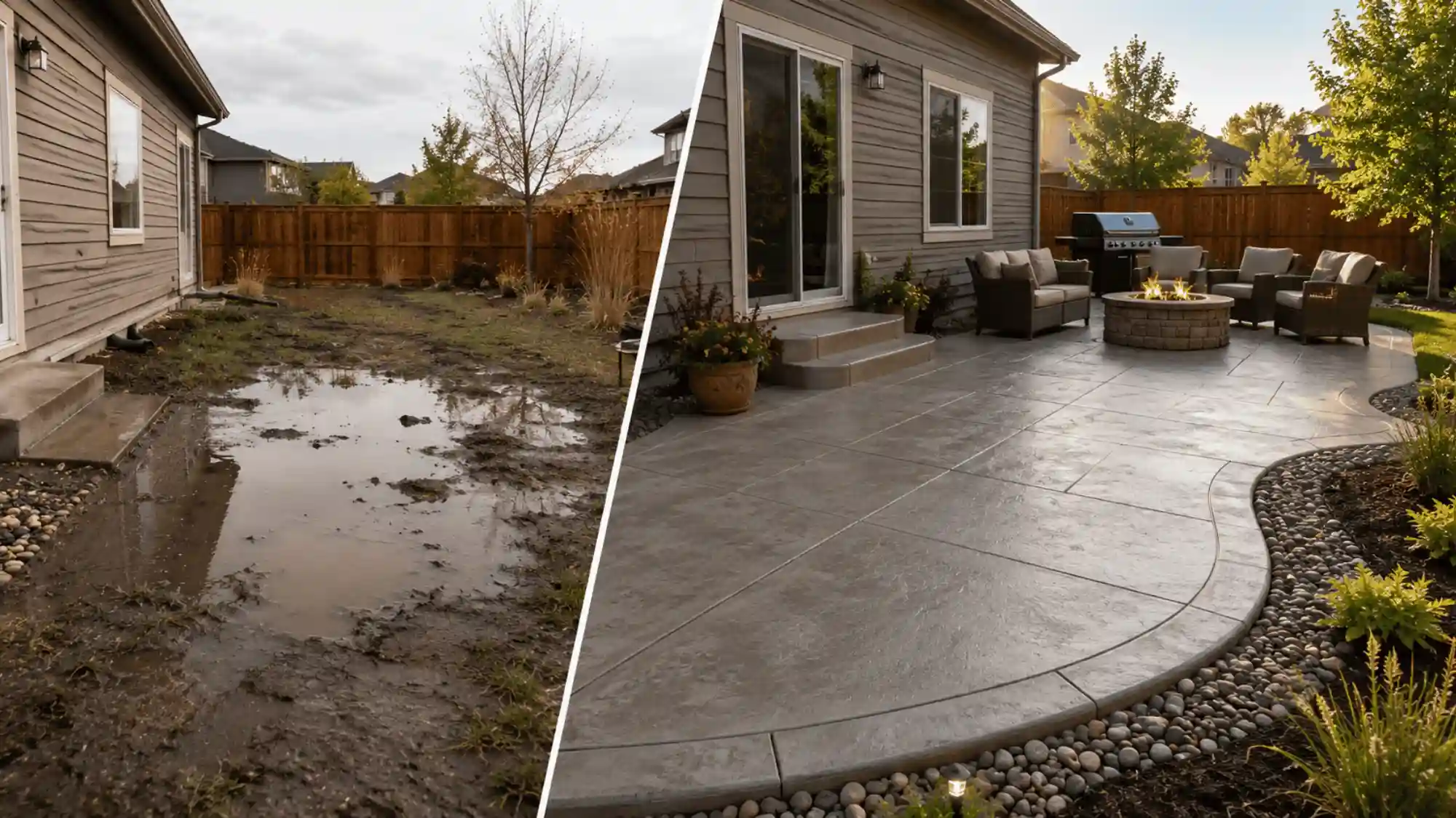 Before-and-after backyard patio showing a muddy drainage problem transformed into a finished concrete outdoor living space in Fort Collins.