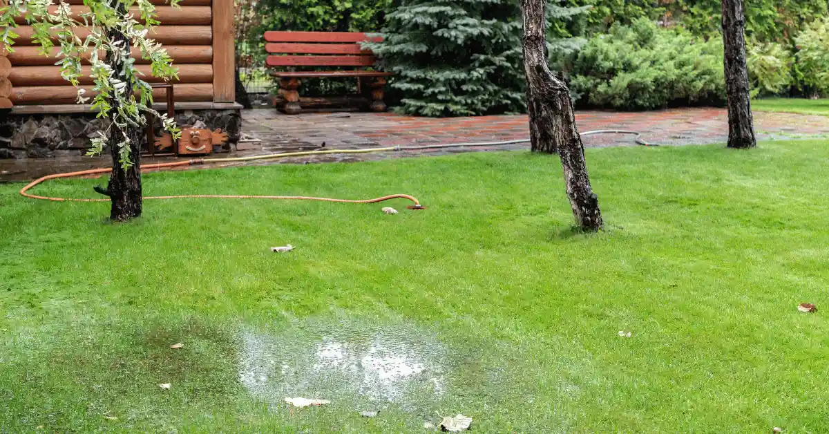 Wet backyard lawn with standing water, showing drainage issues that can affect patio planning in Fort Collins.