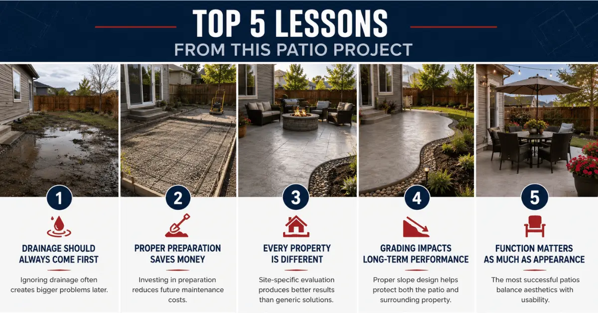 Infographic showing five lessons from a Fort Collins patio project, including drainage, preparation, grading, and outdoor function.