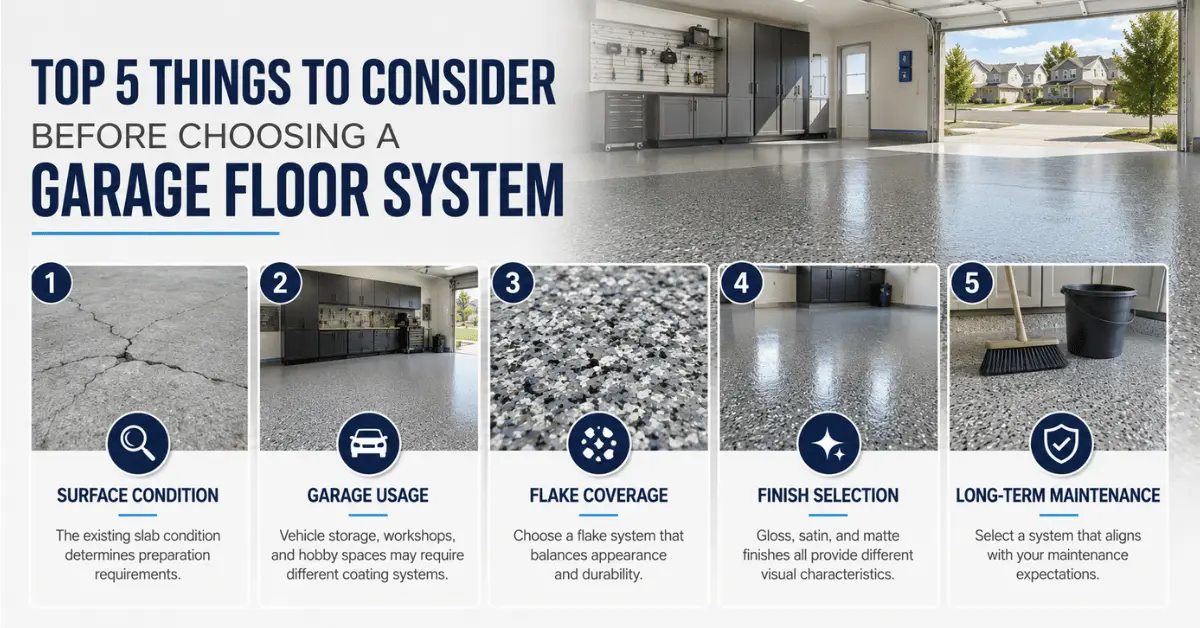 Infographic explaining key factors for choosing an epoxy garage floor system, including surface condition, garage use, flake coverage, finish, and maintenance.