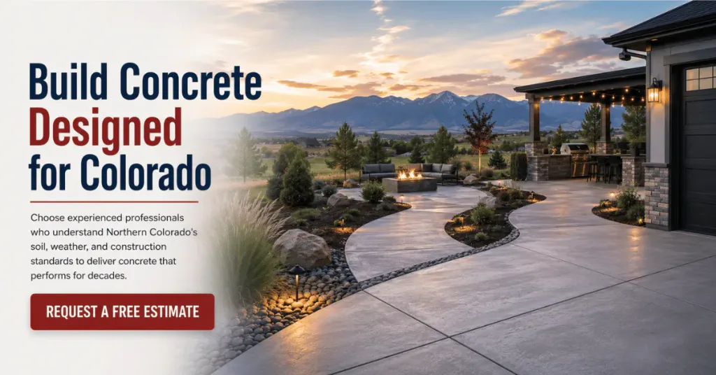 Professionally designed residential concrete driveway and patio in Northern Colorado with durable concrete surfaces built for local weather, highlighted by a request for a free estimate CTA.