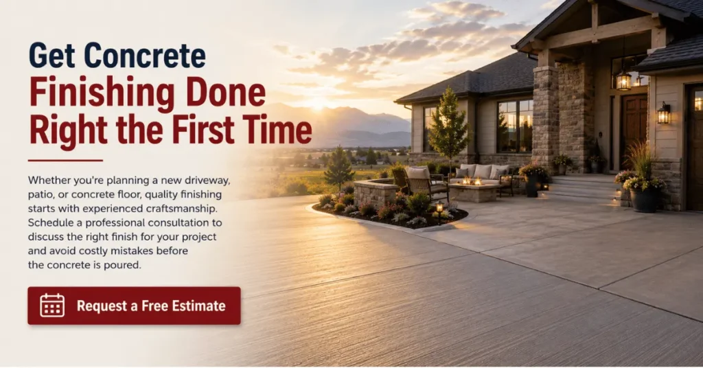 Residential concrete patio and driveway with professionally finished concrete at sunset alongside a call to request a free estimate for expert concrete finishing services.