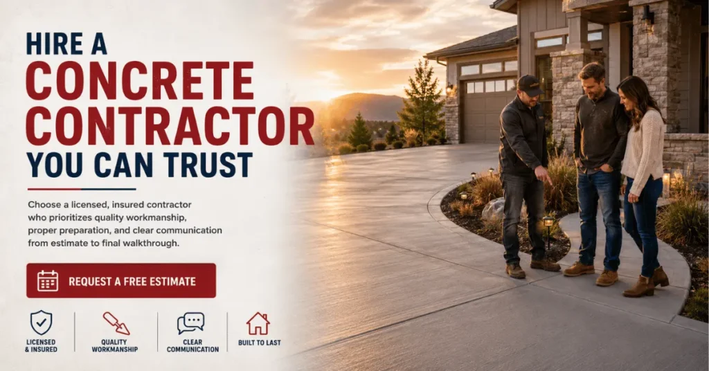 Homeowner meeting with a licensed concrete contractor to review a newly finished residential driveway and discuss project quality before final approval.