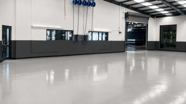 Modern commercial warehouse with professionally finished polished concrete flooring providing a durable, seamless surface for industrial and commercial spaces.