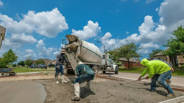 Concrete crew pouring and finishing a residential driveway from a ready mix truck, demonstrating professional concrete installation and proper finishing techniques.