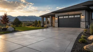 Newly completed residential concrete driveway in Northern Colorado featuring proper joint spacing, smooth finishing, and mountain views that demonstrate quality concrete craftsmanship.