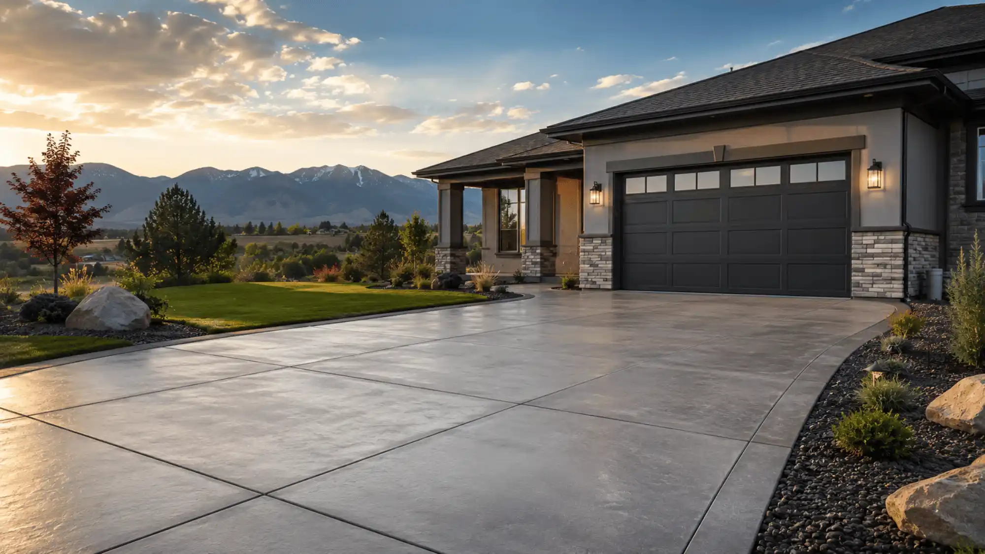 Newly completed residential concrete driveway in Northern Colorado featuring proper joint spacing, smooth finishing, and mountain views that demonstrate quality concrete craftsmanship.