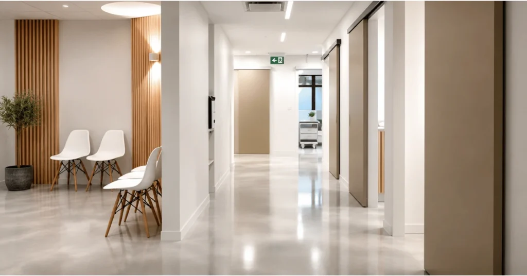 Smooth polished concrete flooring in a modern medical office hallway showcasing a clean, durable, and low maintenance finish for healthcare facilities.