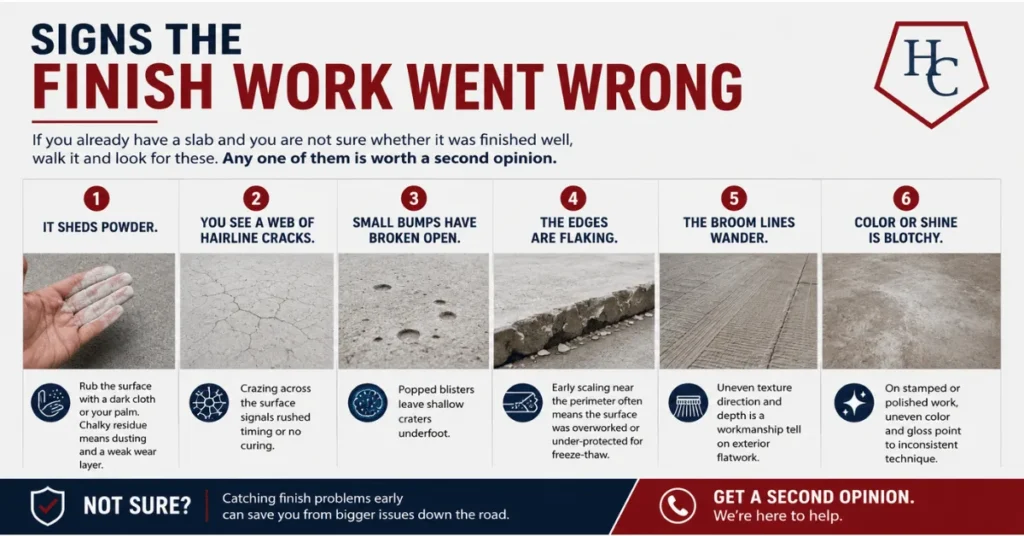 Infographic showing six common signs of poor concrete finishing, including dusting, hairline cracks, surface blisters, edge flaking, uneven broom lines, and blotchy color.