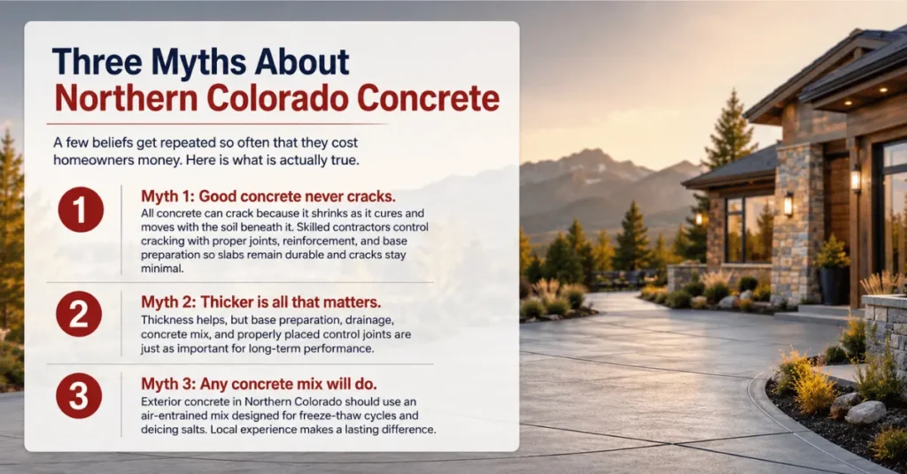 Infographic debunking common Northern Colorado concrete myths about cracking, slab thickness, and concrete mix design alongside a professionally installed residential driveway.