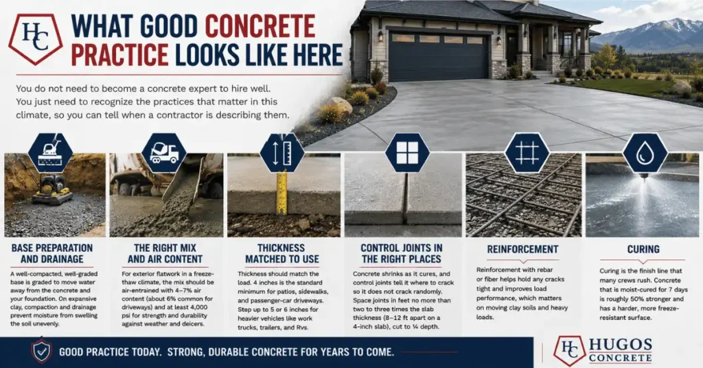 Infographic explaining best practices for durable concrete in Northern Colorado, including proper base preparation, air entrained concrete mix, slab thickness, control joints, reinforcement, and curing.
